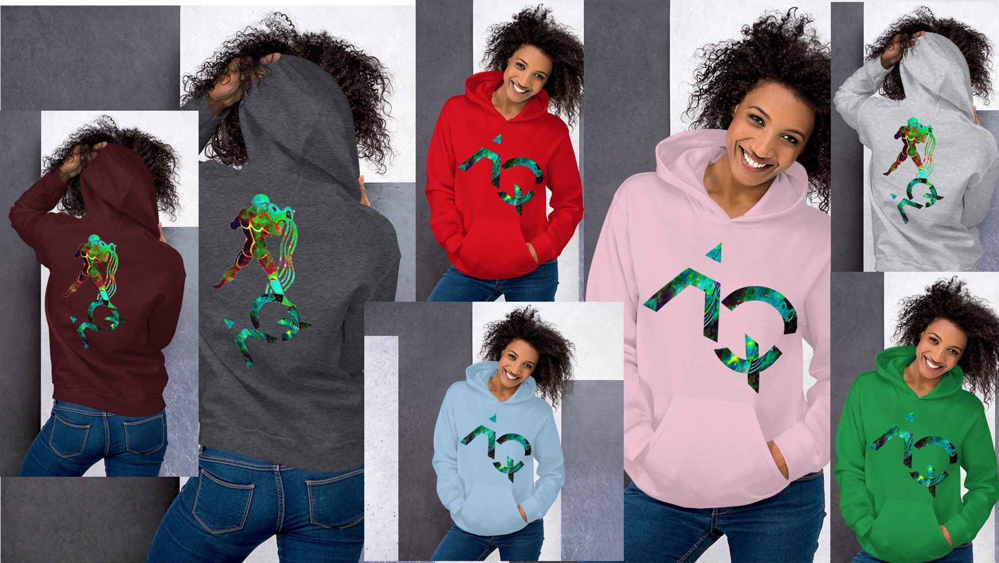 Hoodie for Girls-black, white, blue, pink, grey. Aquarius Star Sign. WickedYo.